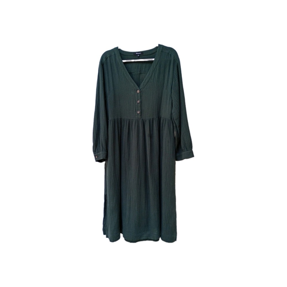 Madewell Lightspun Button Front Maxi Dress Green Cotton Gauze Sz 10 Pockets